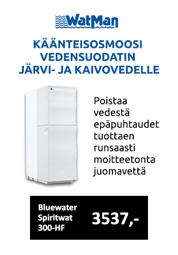 JÄRVIVEDESTÄ JUOMAVETTÄ! Vedensuodatin Bluewater Spiritwat 300-HF kaivo- ja järvivedelle. Tuottaa runsaasti moitteetonta juomavettä 