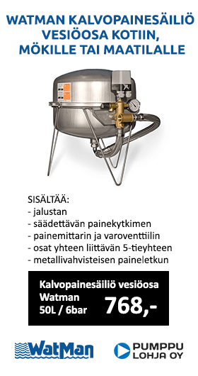 Kalvopainesäiliö vesiöosa lohja 50L / 6bar hinta 768€. Täydellinen kalvopainesäiliö vesiöosa -sisältää jalustan -säädettävän painekytkimen -painemittarin -osat yhteen liittävän 5- tieyhteen sekä metallivahvisteisen paineletkun.