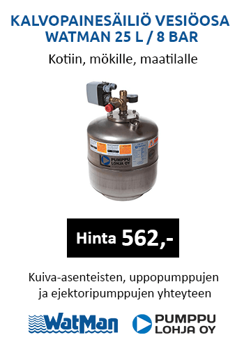 Kalvopainesäiliö vesiöosa Watman 25L/8 bar omakotitaloon, mökille ja maatilalle. Kuiva-asenteiset pumput, uppopumput, ejektoripumput. 4761044