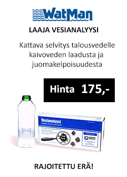 Watman laaja vesianalyysi. Edullinen hinta 159€. Kattava selvitys talousvedelle kaivoveden laadusta ja juomakelpoisuudesta. Rajoitettu erä!