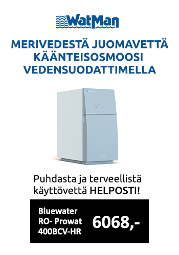 merivedestä juomavettä! Vedensuodatin Bluewater Ro-Prowat 400BCV-HR Hinta 6068 €. Meriveden käänteisosmoosisuodatus. Puhdasta ja terveellistä käyttövettä HELPOSTI!