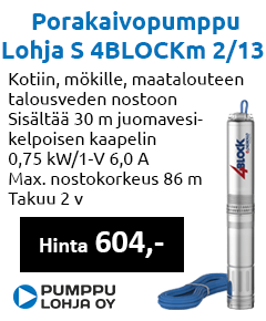 S4BLOCKm 2/13 porakaivopumppu 30m kaapelilla talousveden nostoon kotiin mökille ja maatalouteen, hinta 604€.