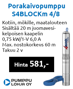 Kotiin, mökille ja maatalouteen sopiva S4BLOCKm 4/8 porakaivopumppu 20m kaapelilla talousveden nostoon. Porakaivopumpun hinta 581€