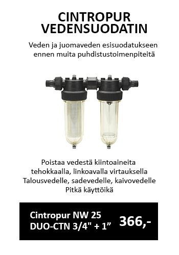 Cintropur NW 25 DUO-CTN 3/4 + 1 vedensuodatin puhdistaa vedestä kiintoaineita tehokkaalla, linkoavalla virtauksella. Talousvesi, sadevesi, kaivovesi