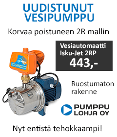 Isku-Jet 2RP vesiautomaatti / vesipumppu omakotitalouksiin, saneerauksiin, kesämökille, kasteeluun, veden pumppaamiseen. Vesipumpun hinta 443€. Takuu 2 vuotta. Ei tarvitse suojaöljyä talvisäilytyksessä