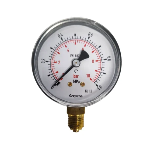 Painemittari 1/4” Ø 64 mm, 0–10 bar – tarkka ja helppolukuinen mittari nesteiden ja kaasujen paineen mittaukseen. Tuotenro 10197